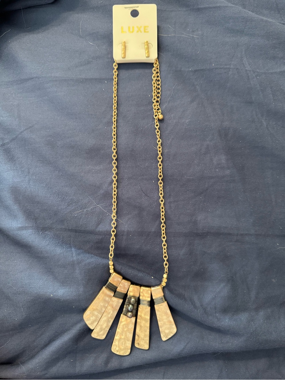 Luxe Gold-tone Statement Bib Necklace Bar-style Bard Earrings Art Deco Inspired